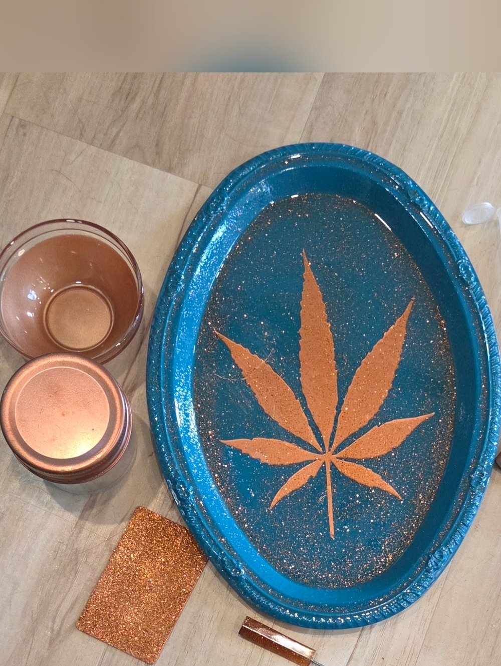 Teal Oval Decorative Tray with Copper Leaf Accent